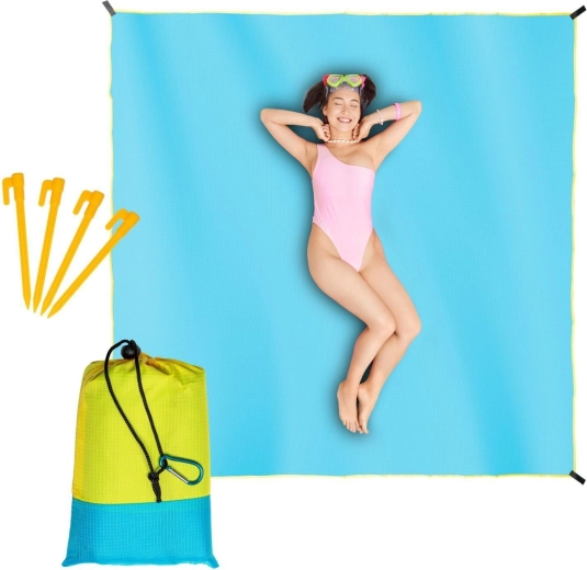 Salteluță impermeabilă de plajă și pătură de picnic 210 × 200 cm albastră cu margine galbenă