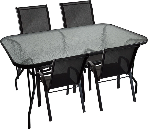 Set de dining pentru grădină cu masă din sticlă și 4 scaune, oțel și textilen, negru