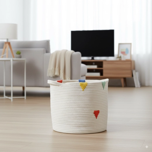 Coș textil rotund pentru rufe și jucării 27 × 24 cm – alb cu model colorat