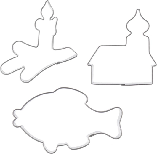 Set de 3 forme decupatoare din oțel inoxidabil pentru biscuiți – biserică, lumânare și pește
