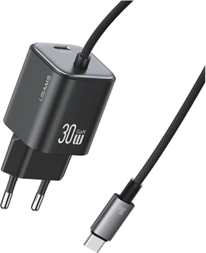 Usams JC Series CC264 încărcător de rețea GaN 30 W cu cablu USB‑C integrat (negru)