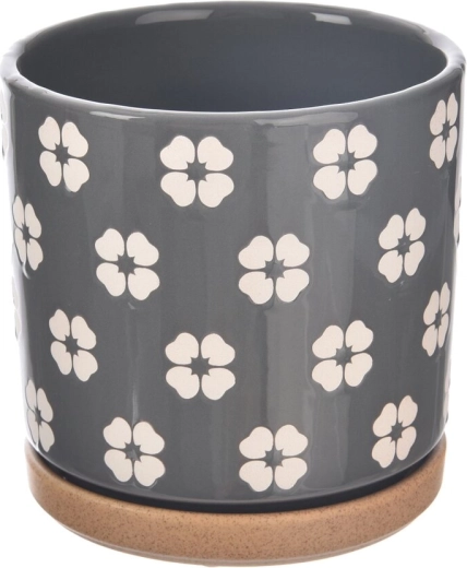 Ghiveci ceramic cu motiv de floricică, gri, 15 × 15 × 15 cm