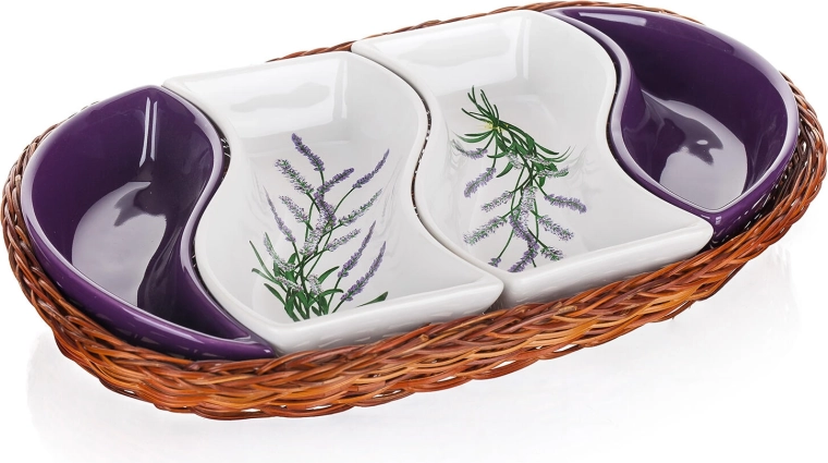 Set de boluri LAVENDER în coș împletit din rafie, ceramică, 4 piese