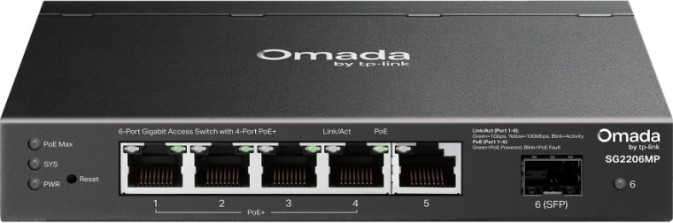 Switch gigabit TP-Link Omada cu 4× PoE+ și 1× SFP (6 porturi)