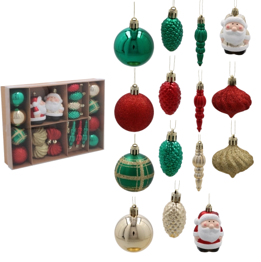 Set de 24 ornamente de Crăciun în roșu, verde și auriu