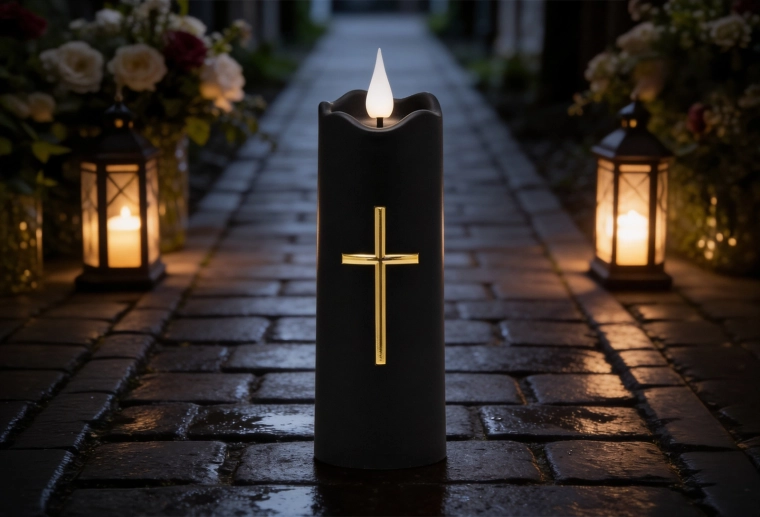 Lumânare LED 5 × 15,5 cm neagră cu cruce aurie