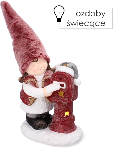 Figurină de Crăciun cu fetiță în căciulă roz, cutie poștală și iluminare LED, 45,5 cm