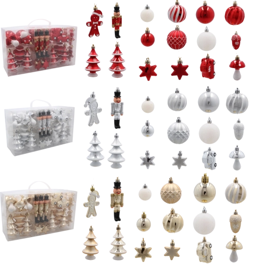 Set de 50 ornamente de Crăciun în culori roșu, argintiu și auriu