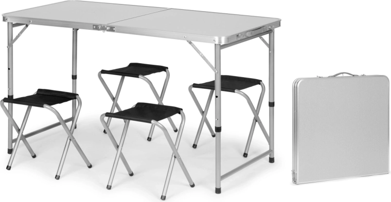 Set turistic pliabil cu masă în formă de valiză, înălțime reglabilă și 4 taburete, 120 × 60 cm, argintiu