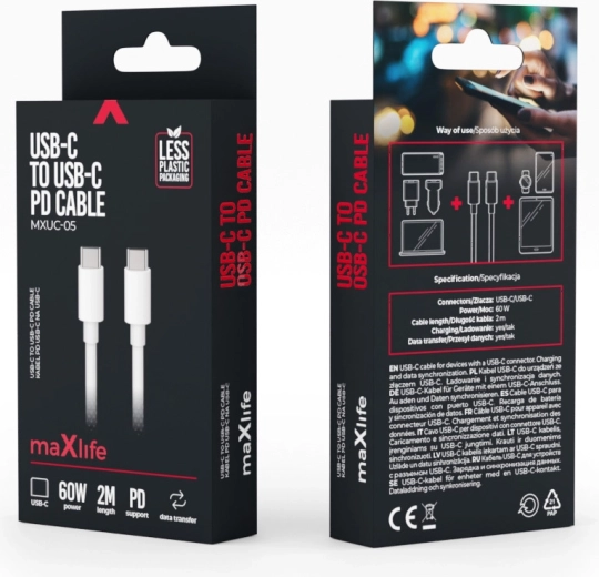 Maxlife cablu USB‑C – USB‑C 2 m 60 W alb