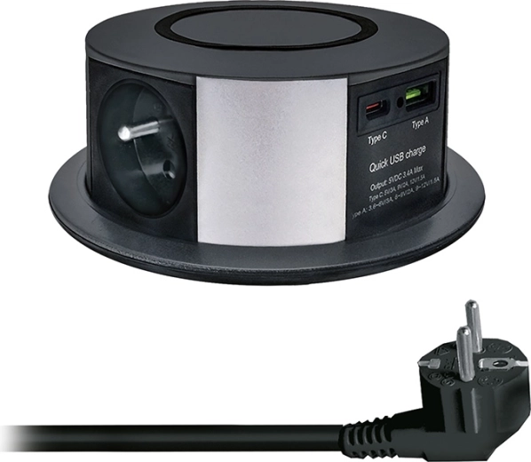 Solight bloc de prize retractabil cu 3 prize, USB-A/USB-C PD 20 W și încărcare wireless Qi 10 W, 2 m, negru