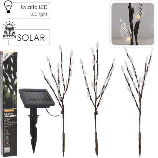 Lampă solară de grădină 60 cm cu 3 ramuri, 60 LED alb cald