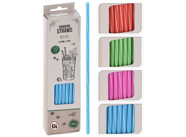 Set de paie reutilizabile 22 cm, diametru 6 mm – mix de culori cu dungi (50 buc)