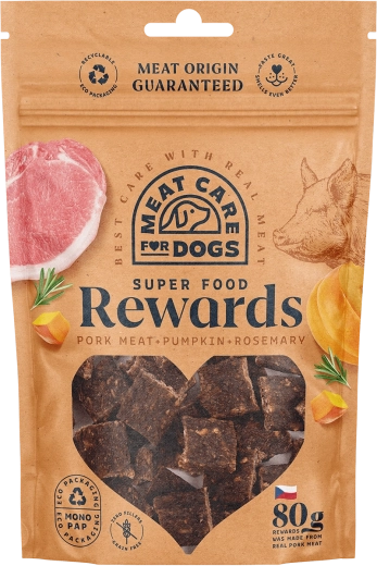 Meat Care Rewards Dog gustări – porc cu dovleac și rozmarin 80 g
