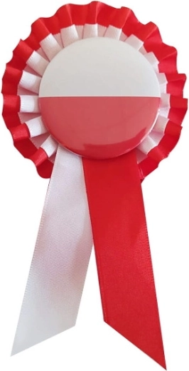 Cocardă în culorile alb‑roșu cu ac de prins