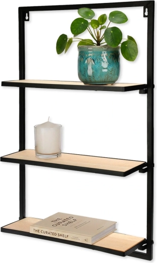 Raft metalic de perete negru, cu 3 niveluri, 40 × 12 × 65 cm