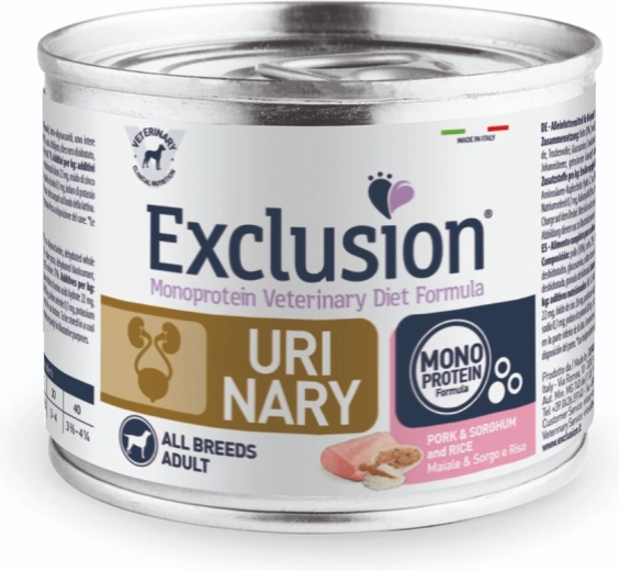 Exclusion UM20 Urinary conservă pentru câini 200 g, porc cu sorg și orez