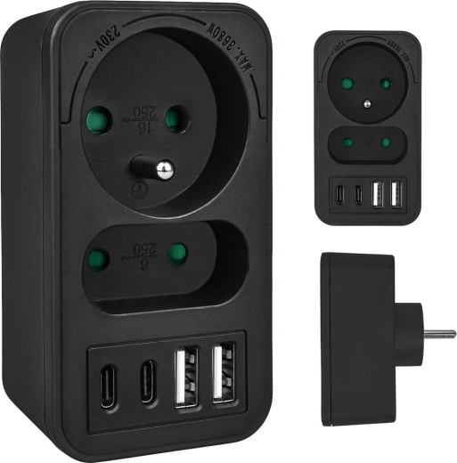 Priză multiplă cu 1 schuko, 1 euro și 4× USB (2× USB‑A 18 W, 2× USB‑C PD 20 W)