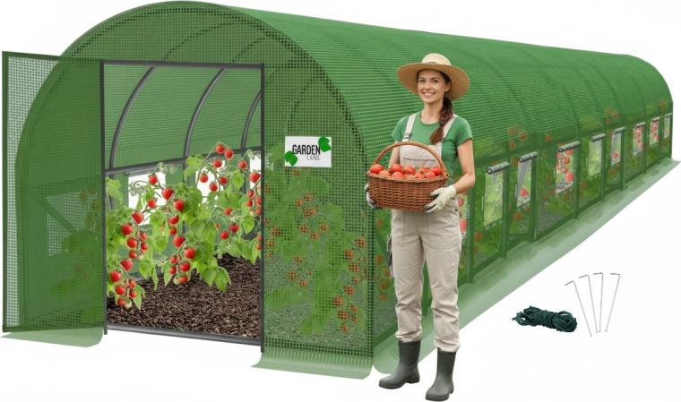 Solar de grădină cu folie, 10 segmente, verde, 10 × 5 × 2 m cu uși batante