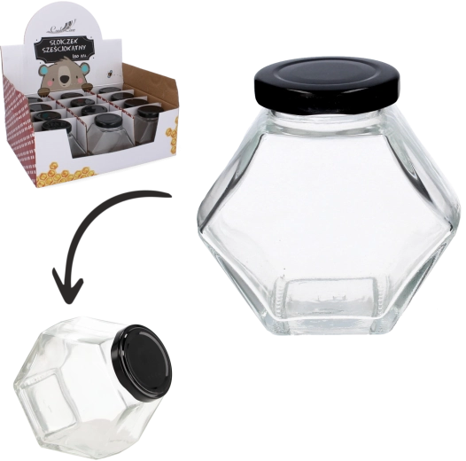 Borcan hexagonal cu capac filetat 180 ml