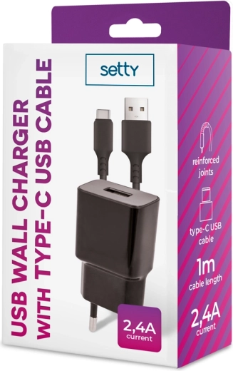Încărcător de rețea Setty 1× USB 2,4 A negru + cablu USB‑C 1 m
