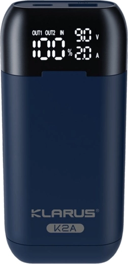 Klarus K2A 3-în-1 încărcător inteligent dual cu suport pentru baterii și powerbank, ecran LCD