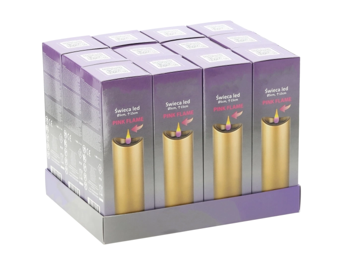 Lumânare LED 5 × 15 cm auriu cu flacără roz, baterii incluse