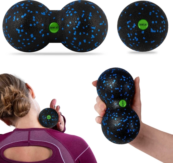 Minge de masaj și minge dublă (peanut) – set, negru-albastru