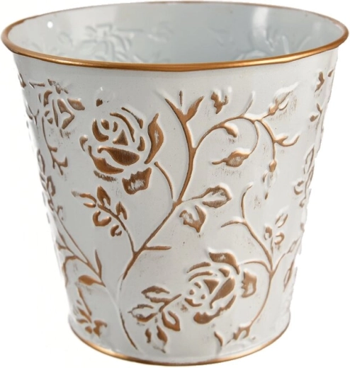Ghiveci/mască decorativă din tablă cu motiv de trandafiri alb/auriu 12 × 12 × 13 cm