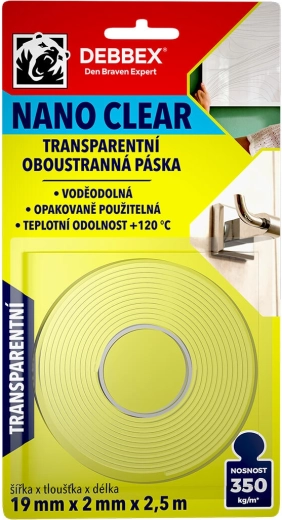 Bandă nano dublu-adezivă transparentă 19 × 2 mm, 2,5 m