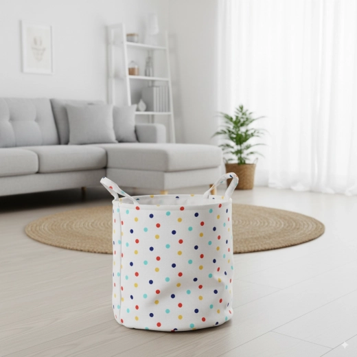 Coș textil rotund pentru rufe și jucării cu buline 25 × 30 cm