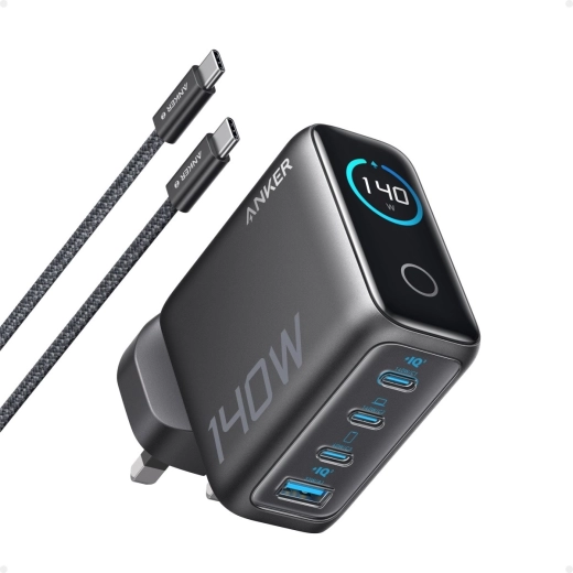 Încărcător de rețea Anker 140 W PD 3.1 cu cablu USB‑C și afișaj LED, grafit