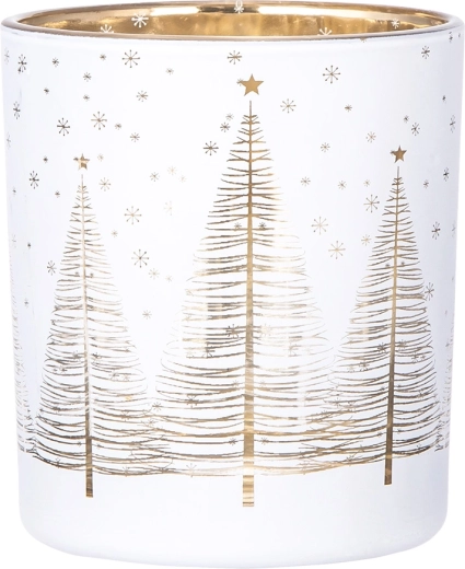 Sfeșnic din sticlă alb cu interior auriu, cu motiv de brazi de Crăciun, 9 × 10 cm