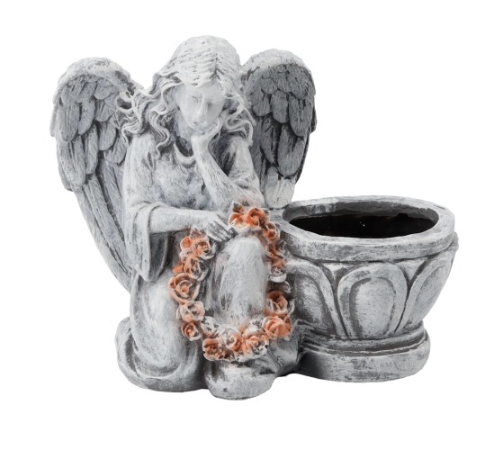 Statuetă înger îngenuncheat cu ghiveci de flori, gri, 23,5 × 12,5 × 20 cm