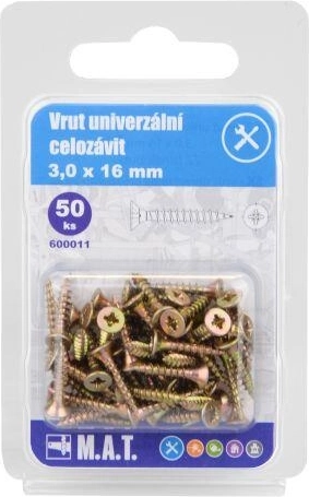 Șurub universal cu filet integral 3,0 × 16 mm, zincat, 50 buc