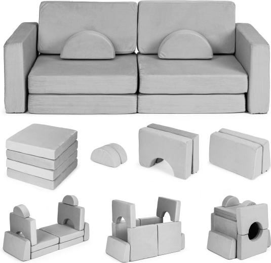 Canapea modulară pliabilă pentru copii, pentru 2 copii, 10 perne ECOTOYS – gri