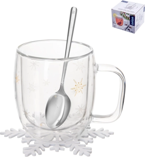 Cana termică din sticlă borosilicată cu pereți dubli Double, cu motiv fulg de nea, 380 ml, cu linguriță și suport