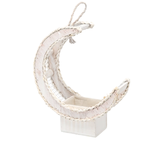 Mască de ghiveci din lemn albă, în formă de semilună, 37 × 15 × 43 cm
