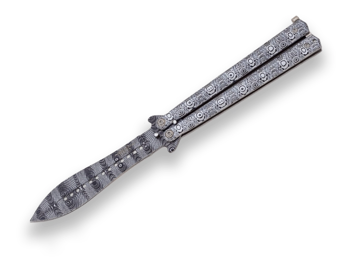 Joker Butterfly cuțit de buzunar tip fluture 11 cm cu mâner din aluminiu și model damasc