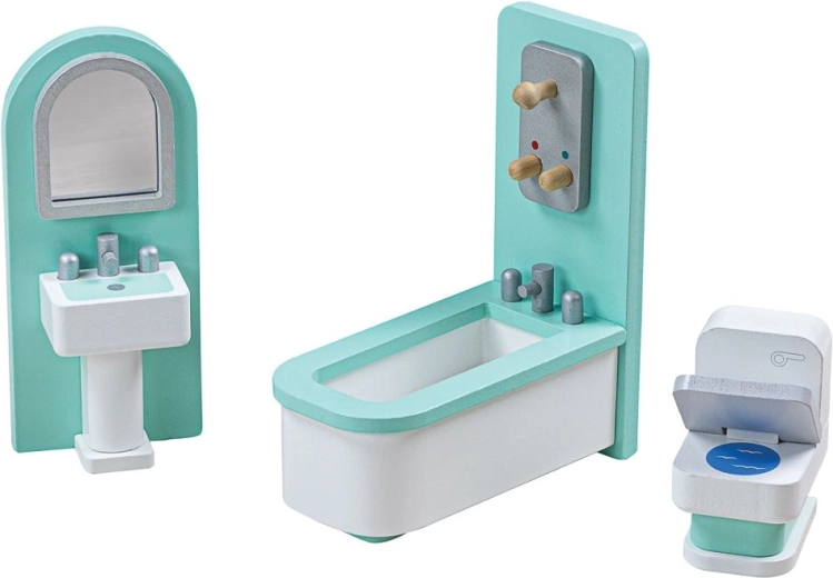 Tidlo – set turcoaz din lemn cu mobilier de baie pentru casa de păpuși