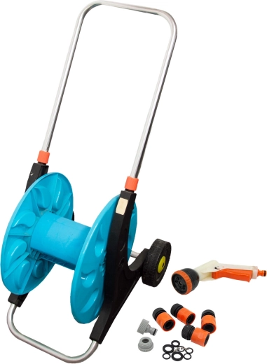 Cărucior de grădină pentru furtun 60 m cu pistol și cuple