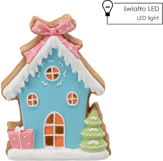 Figurină de Crăciun – căsuță din turtă dulce albastră cu iluminare LED
