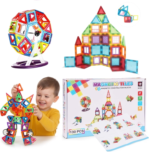 Set de construcție magnetic cu mașinuțe și remorcă – 130 piese