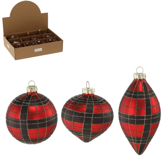 Glob de Crăciun din sticlă roșu și negru – mix de modele în carouri