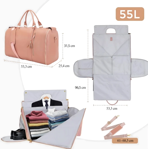 Geantă de voiaj pliabilă 2 în 1 cu husă pentru costum/rochii, 55 l, rezistentă la apă