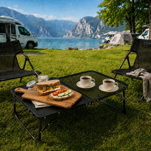 Măsuță de camping ușoară cu blat tip grilaj