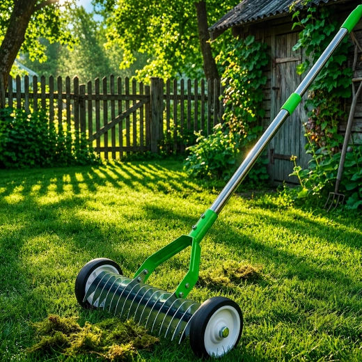 Aerator și scarificator manual pentru gazon pe roți, cu mănuși
