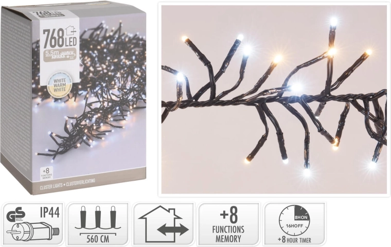 Ghirlandă luminoasă LED de Crăciun 5,6 m, 768 LED, alb cald, 8 funcții, IP44, cu temporizator - 1 bucată