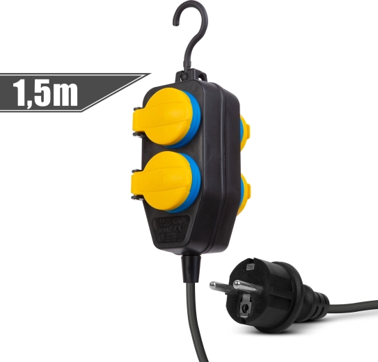 Cablu prelungitor pentru exterior cu capac, 1,5 m, 4 prize de 230 V, IP44
