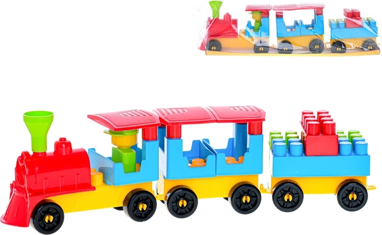 Set de construcție trenuleț cu două vagoane și autocolante